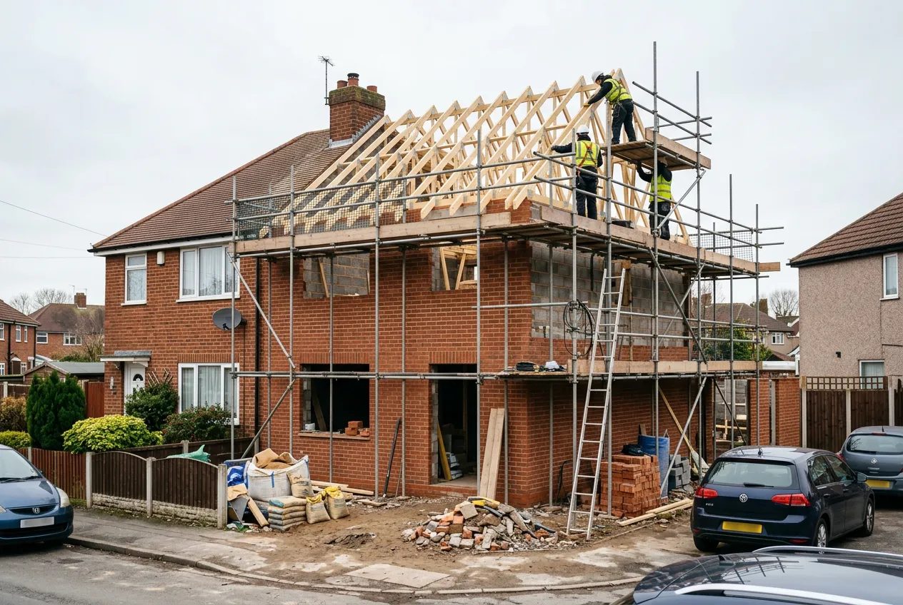 Two-storey brick side extension under construction with scaffolding and new roof trusses