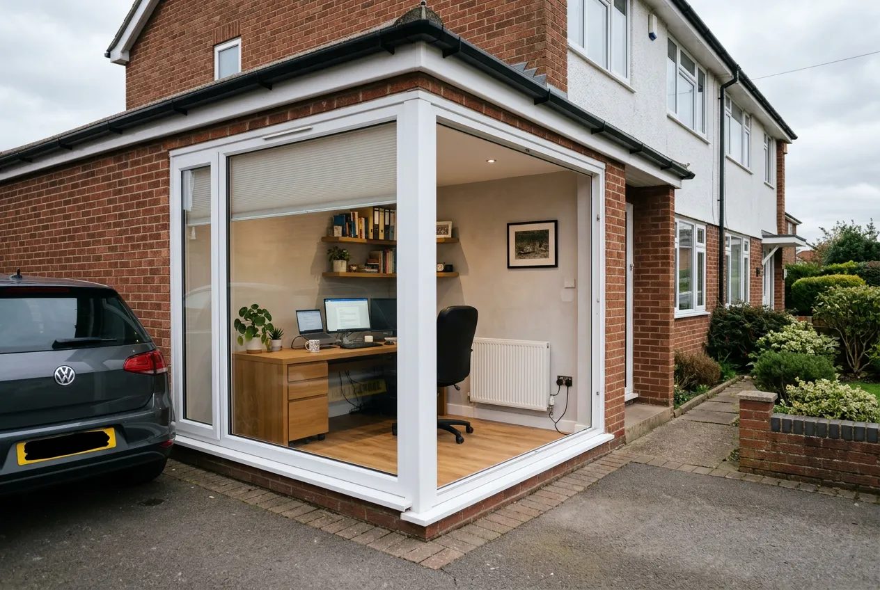 Converted integral garage now used as a bright home office with a new window