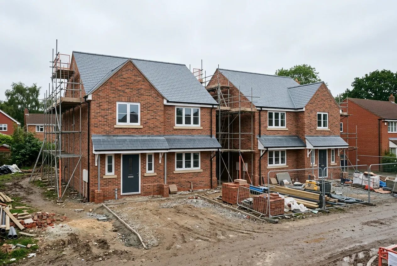 Pair of newly built brick houses on a small residential development plot